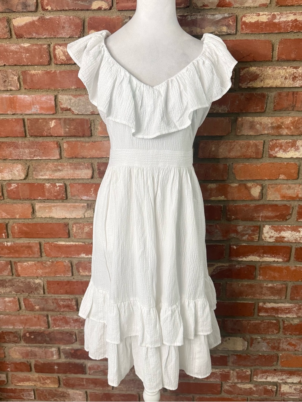 Calvin Klein White Ruffle-Trim Midi Dress